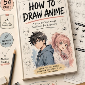 Könnte beinhalten: Ein How to Draw Anime Arbeitsbuch mit einer Schritt-für-Schritt-Anleitung für Manga-Anfänger. Das Cover zeigt zwei Anime-Figuren, Skizzen und den Text: Learn. Practice. Improve. Bring your characters to life! Easy to follow step-by-step lessons.