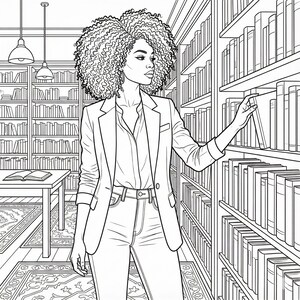 May include: Black and white line art illustration of a person in a library. The person is wearing a blazer, button-down shirt, and jeans, reaching for a book on a shelf. Bookshelves fill the background.