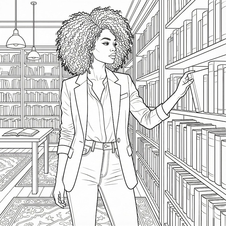 May include: Black and white line art illustration of a person in a library. The person is wearing a blazer, button-down shirt, and jeans, reaching for a book on a shelf. Bookshelves fill the background.
