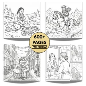 May include: Black and white line art coloring book pages. The image features four panels with different scenes, including a woman by a campfire, a woman riding a horse, a couple embracing, and a woman applying skincare. The center has a gold circle with the text "600+ PAGES PNG FORMAT".
