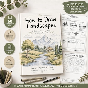 Può includere: Un quaderno di esercizi di disegno bianco intitolato How to Draw Landscapes con un'illustrazione di montagna e fiume sulla copertina. Include 60 pagine passo dopo passo, una libreria di texture naturali e accesso PDF stampabile.