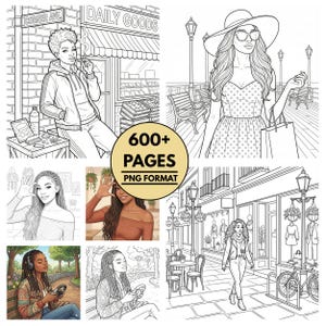 May include: A digital coloring book with illustrations of women in various settings. The image includes the text "600+ PAGES PNG FORMAT". The illustrations are in black and white, with some colored images. The scenes include a woman in a city, and a woman listening to music.