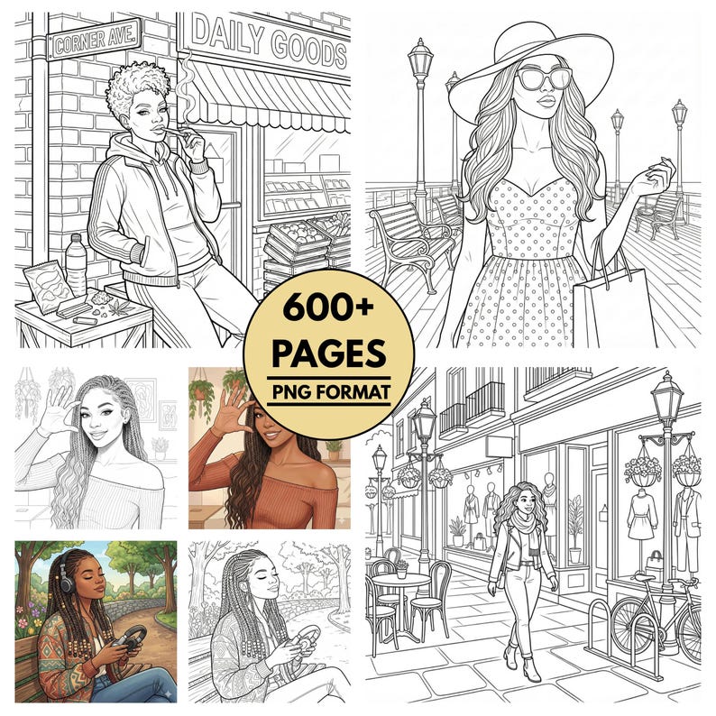 May include: A digital coloring book with illustrations of women in various settings. The image includes the text "600+ PAGES PNG FORMAT". The illustrations are in black and white, with some colored images. The scenes include a woman in a city, and a woman listening to music.