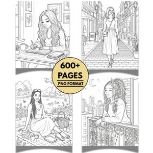 May include: A black and white coloring book with four illustrations of women in different settings. The book cover has the text "600+ PAGES PNG FORMAT" in a gold circle.