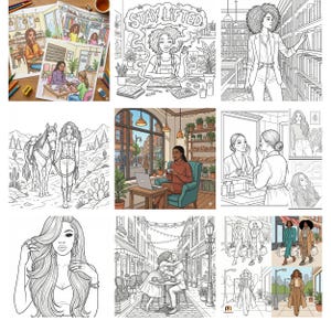 May include: A collection of black and white illustrations featuring diverse women in various settings. Scenes include a woman in a library, a woman with a horse, and a woman at a cafe. The illustrations are suitable for coloring.