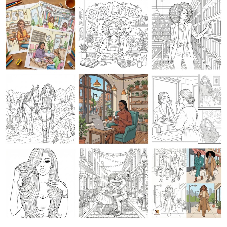 May include: A collection of black and white illustrations featuring diverse women in various settings. Scenes include a woman in a library, a woman with a horse, and a woman at a cafe. The illustrations are suitable for coloring.
