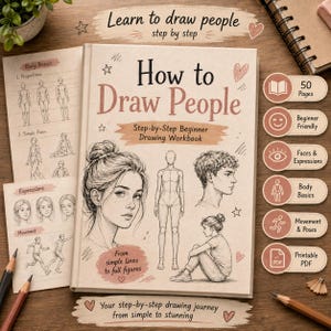 Mensen tekenen: Stap voor stap tekenhandleiding, Figuurschetsen voor beginners, Printbare kunst-pdf, Oefengids, Tekenen van lichaamsdelen