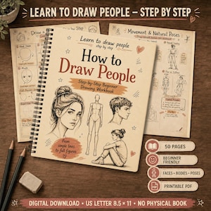 May include: A spiral-bound drawing workbook titled How to Draw People with step-by-step instructions for beginners. The cover features sketches of faces and figures, with text indicating 50 pages, beginner friendly, and US letter 8.5 x 11 size.