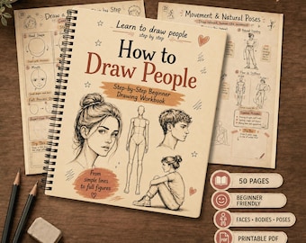 May include: A spiral-bound drawing workbook titled How to Draw People with step-by-step instructions for beginners. The cover features sketches of faces and figures, with text indicating 50 pages, beginner friendly, and US letter 8.5 x 11 size.