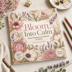 May include: A square coloring book titled Bloom Into Calm, featuring intricate floral and botanical illustrations in shades of pink, green, and purple. The cover includes text stating Floral Zentangle Coloring Book for Adults, Abstract Botanical Designs, 40+ Coloring Pages, and Stress Relief.
