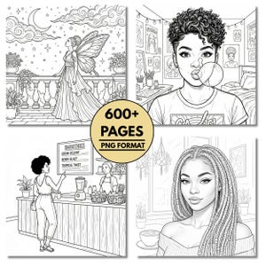 May include: A collection of four black and white illustrations. The images include a fairy on a balcony, a person blowing a bubble, a person at a smoothie bar, and a person with long braids. The text "600+ PAGES PNG FORMAT" is in a circle.