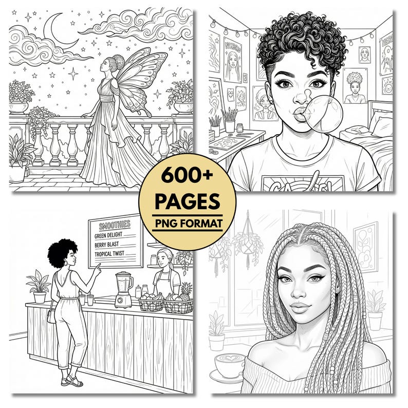 May include: A collection of four black and white illustrations. The images include a fairy on a balcony, a person blowing a bubble, a person at a smoothie bar, and a person with long braids. The text "600+ PAGES PNG FORMAT" is in a circle.