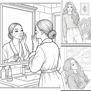 May include: Black and white line art illustration of a woman applying skincare in a bathroom, with a mirror reflection. Additional panels show a woman in a sweater and pants, and another woman relaxing. The theme is beauty and self-care.