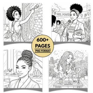 May include: Black and white line art coloring book with four panels. The panels depict women in various scenes, including painting a mural, speaking into a microphone, getting their hair styled, and smoking. The book has over 600 pages in PNG format.