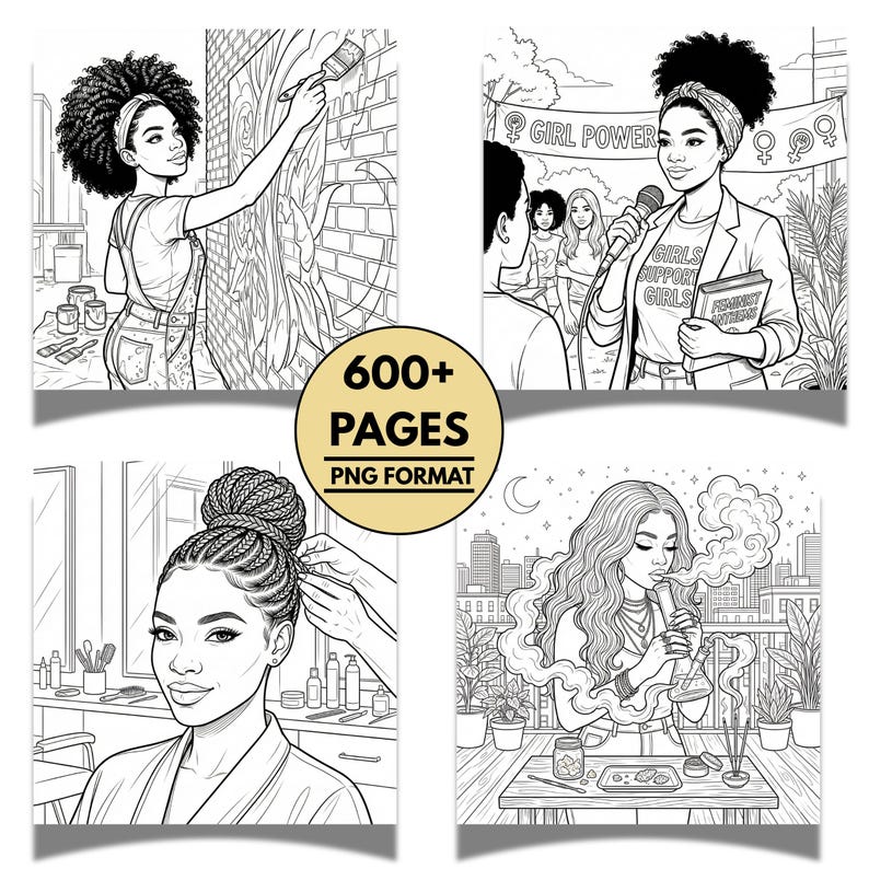 May include: Black and white line art coloring book with four panels. The panels depict women in various scenes, including painting a mural, speaking into a microphone, getting their hair styled, and smoking. The book has over 600 pages in PNG format.