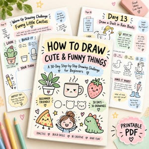 May include: A How to Draw Cute & Funny Things book with a cream cover featuring illustrations of a plant, mug, strawberry, pizza slice, person, and dinosaur. The book includes step-by-step drawing challenges, practice pages, and artist tips.