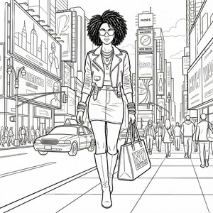 May include: Black and white illustration of a person walking down a city street. The person is wearing a jacket, skirt, and boots, carrying a tote bag that says "NY STYLE". The background features buildings, billboards, and a taxi.