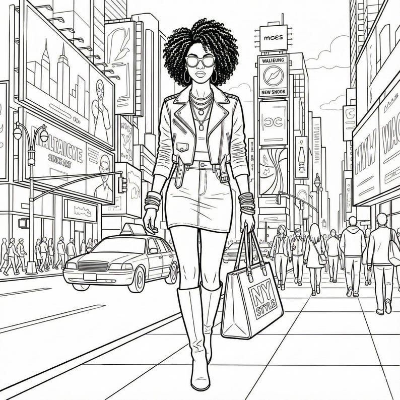 May include: Black and white illustration of a person walking down a city street. The person is wearing a jacket, skirt, and boots, carrying a tote bag that says "NY STYLE". The background features buildings, billboards, and a taxi.