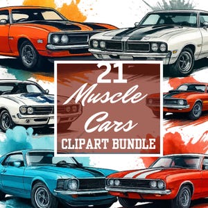 21 Watercolor Muscle Cars Clip Art,  Classic 70s–80s Vintage Car Clipart, American Car Vector Digital Download, Muscle Car SVG & PNG Files