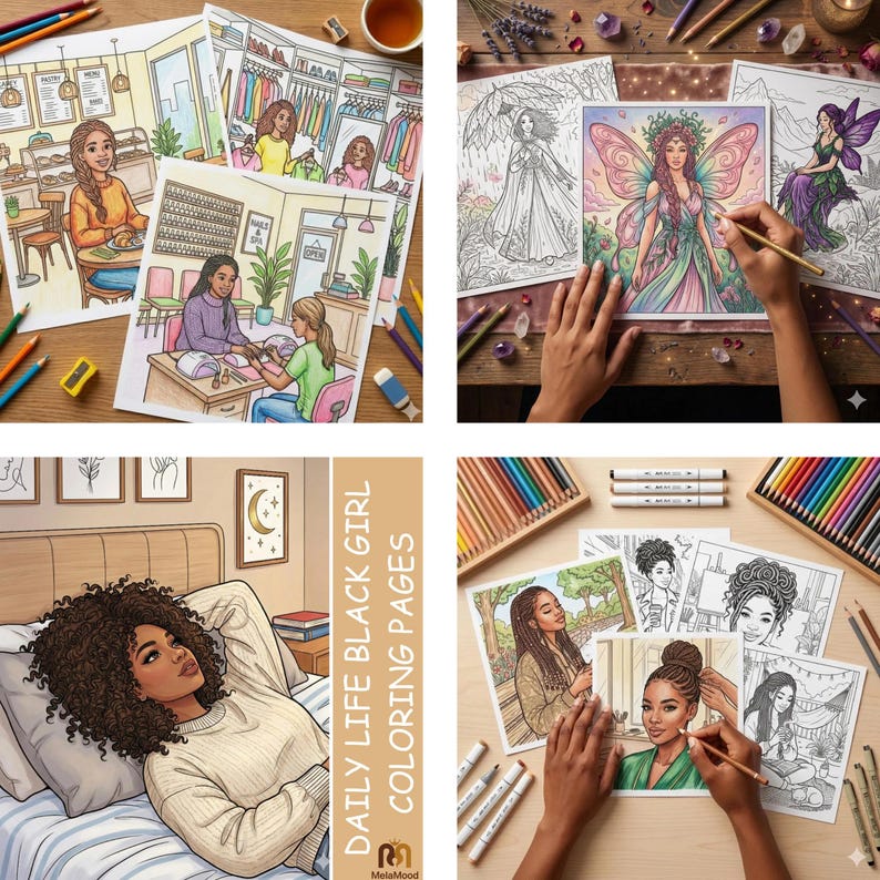 May include: A collection of coloring pages featuring illustrations of Black women in various settings. The pages depict scenes such as a cafe, a nail salon, and relaxing at home. Colored pencils and markers are visible, suggesting the pages are ready for coloring.