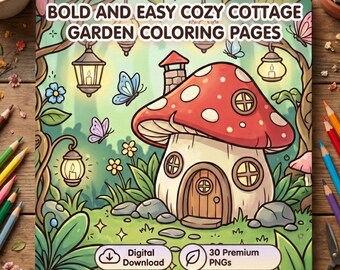 Gemütlicher Cottage Garten Ausmalseiten, Feenhäuser, Pilzhäuser, Pilzhäuser (Digitaler Download)