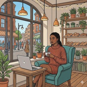 May include: Illustration of a woman in a cafe, holding a cup, with a laptop on a small table. The cafe has a large window overlooking a city street. Plants and baked goods are visible. The woman is wearing an orange sweater dress and sitting in a teal armchair.