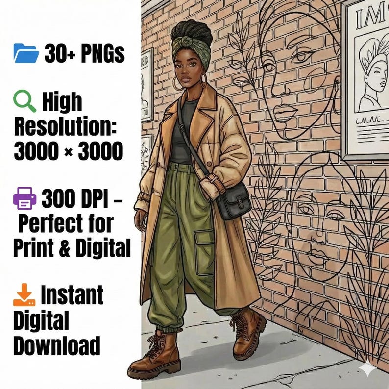 May include: Digital illustration of a stylish person in a tan coat, olive green pants, and brown boots. The image includes text: "30+ PNGs", "High Resolution: 3000 x 3000", "300 DPI - Perfect for Print & Digital", and "Instant Digital Download".
