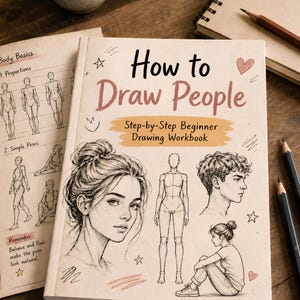 May include: A drawing workbook titled "How to Draw People" with step-by-step instructions for beginners. The cover features pencil sketches of human figures, including a woman's face, a full body, and a seated figure. The book is open on a wooden surface.
