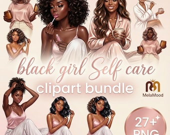 Black Girl Self Care Clipart Bundle, African American Women Wellness Digital Art, Black Girl Spa Day PNG, Beauty Digital Stickers, Self Love
