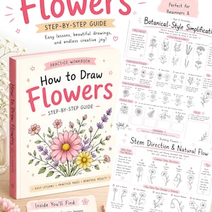 Może przedstawiać: Przewodnik krok po kroku zatytułowany "How to Draw Flowers". Okładka zawiera ilustrację kwiatową z różowymi, żółtymi i fioletowymi kwiatami. Dodatkowe strony pokazują uproszczenia w stylu botanicznym i kierunek łodygi.