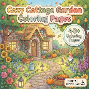 Puede incluir: Una descarga digital de "Cozy Cottage Garden Coloring Pages" con más de 40 páginas para colorear. La imagen presenta una ilustración detallada de una cabaña con techo de paja, rodeada de un jardín con calabazas, flores y un camino de piedra.