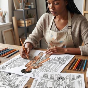 May include: A person is coloring a fashion illustration with a pencil. The illustration features a figure in a coat and pants, with a city street scene in the background. Colored pencils are on the table.