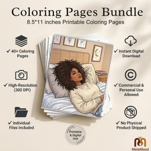 May include: A stack of printable coloring pages, 8.5 x 11 inches, featuring a woman relaxing in bed. The bundle includes over 40 coloring pages, high-resolution images, and individual files. Instant digital download with commercial and personal use allowed.