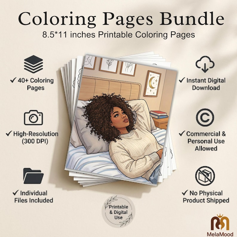 May include: A stack of printable coloring pages, 8.5 x 11 inches, featuring a woman relaxing in bed. The bundle includes over 40 coloring pages, high-resolution images, and individual files. Instant digital download with commercial and personal use allowed.
