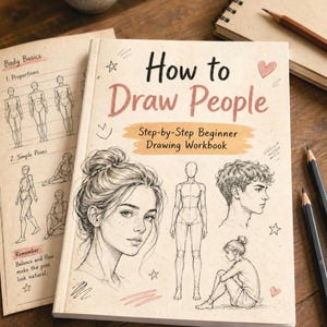 Può includere: Un quaderno di disegno per principianti intitolato "How to Draw People". La copertina presenta schizzi a matita di una donna, un uomo e una figura, con il testo "Body Basics" e "Simple Poses".