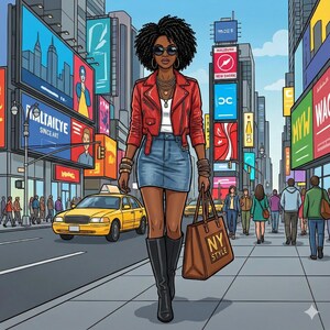 May include: Illustration of a woman walking down a city street. She wears a red jacket, denim skirt, and black boots. She carries a brown tote bag with "NY STYLE" printed on it. The background features billboards, buildings, and a yellow taxi.