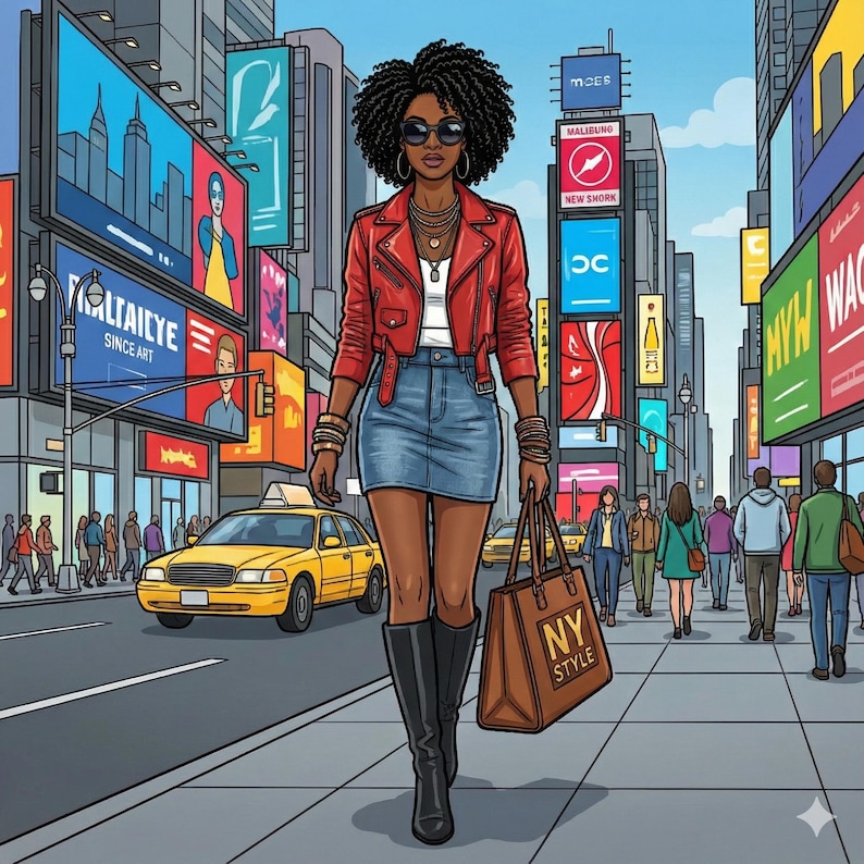 May include: Illustration of a woman walking down a city street. She wears a red jacket, denim skirt, and black boots. She carries a brown tote bag with "NY STYLE" printed on it. The background features billboards, buildings, and a yellow taxi.