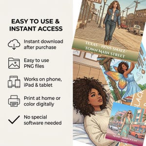 May include: A collection of digital art prints featuring illustrations of women in various settings. The prints include scenes from Texas in the 1970s and Miami in the 1980s. Text on the image states "Easy to use & Instant Access".