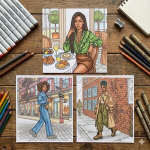 May include: Three colorful illustrations of women in various settings. One depicts a woman at a cafe, another walking on a city street, and the third standing near a brick wall. The images are surrounded by art supplies, including colored pencils and markers.