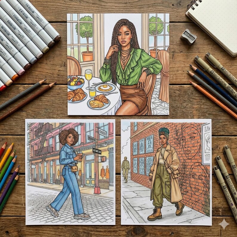 May include: Three colorful illustrations of women in various settings. One depicts a woman at a cafe, another walking on a city street, and the third standing near a brick wall. The images are surrounded by art supplies, including colored pencils and markers.