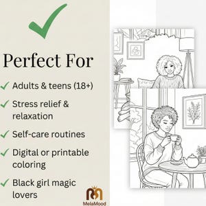 May include: Digital or printable coloring pages featuring line art illustrations of Black women in relaxing settings. The image includes text that reads "Perfect For" and lists benefits such as stress relief and self-care routines. The MelaMood logo is also visible.