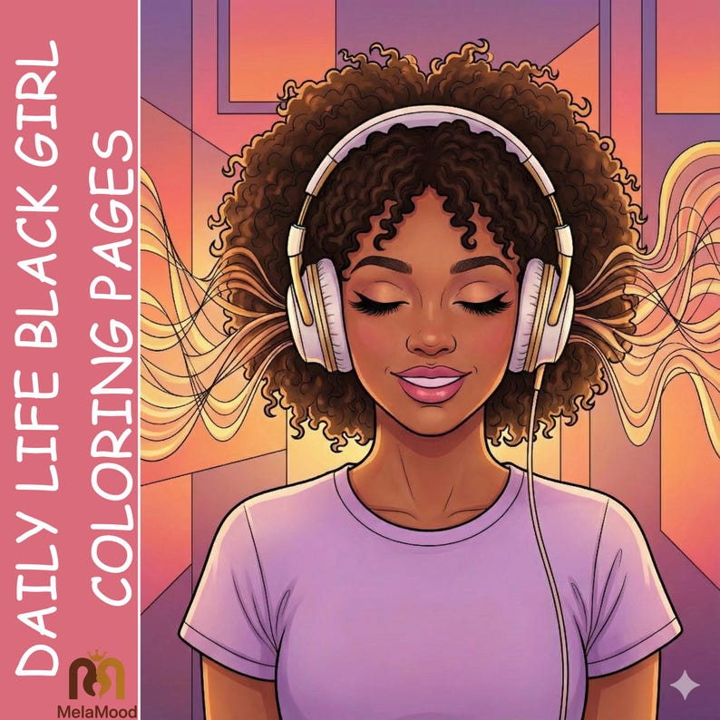 May include: Illustration of a Black woman wearing white and gold headphones, eyes closed, with sound waves emanating from the headphones. The image includes the text "DAILY LIFE BLACK GIRL COLORING PAGES".