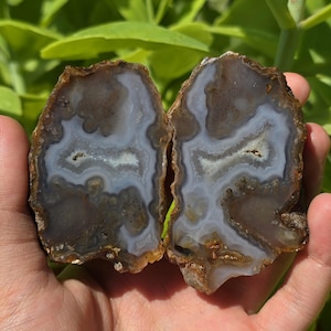 Blue Crystal Banded Agate Pair, Quartz Crystal Banded Agate, Cut and Polished Turkish Agate, Raw and Rough Mineral Specimen