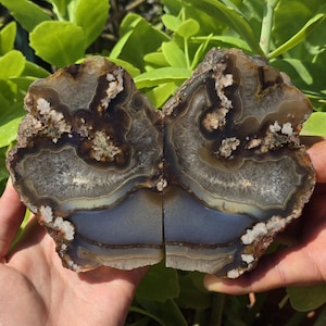 Large Blue Crystal Banded and Flower Agate, Quartz Crystal Banded Agate, Cut and Polished Turkish Agate Pair, Raw and Rough Mineral Specimen
