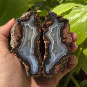 Blue Crystal Banded Agate Pair, Quartz Crystal Banded Agate, Cut and Polished Turkish Agate, Raw and Rough Mineral Specimen