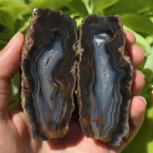 Blue Crystal Banded Agate Pair, Quartz Crystal Banded Agate, Cut and Polished Turkish Agate, Raw and Rough Mineral Specimen