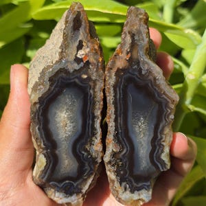 Blue Crystal Banded Agate Pair, Quartz Crystal Banded Agate, Cut and Polished Turkish Agate, Raw and Rough Mineral Specimen