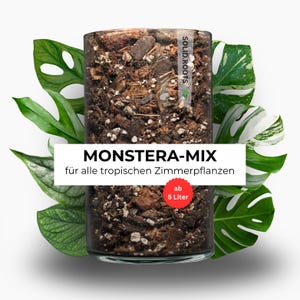 Könnte beinhalten: Ein transparenter zylindrischer Behälter gefüllt mit einer dunkelbraunen Blumenerde-Mischung aus Holzstücken und Perlit. Ein weißes Etikett zeigt den Text SOLID.ROOTS, MONSTERA-MIX, für alle tropischen Zimmerpflanzen und einen roten Kreis mit ab 5 Liter.