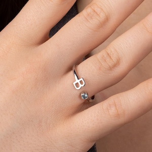 Personalized Initial Birthstone Ring For Women, Custom Letter Adjustable Ring With Gemstone, Dainty 925 Sterling Silver Gold Jewelry Gift