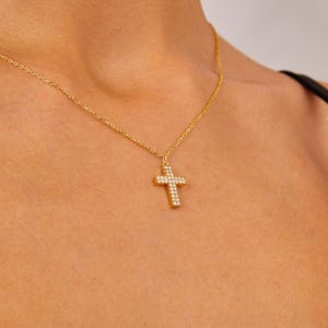 14K Gold Diamond Cross Necklace, Christian Jewelry for Women, Elegant Crystal Cross Pendant, Inspired Gift, Minimalist Religious Necklace